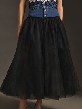Anthropologie Pilcro Denim and Black Tulle Maxi Skirt Size 6